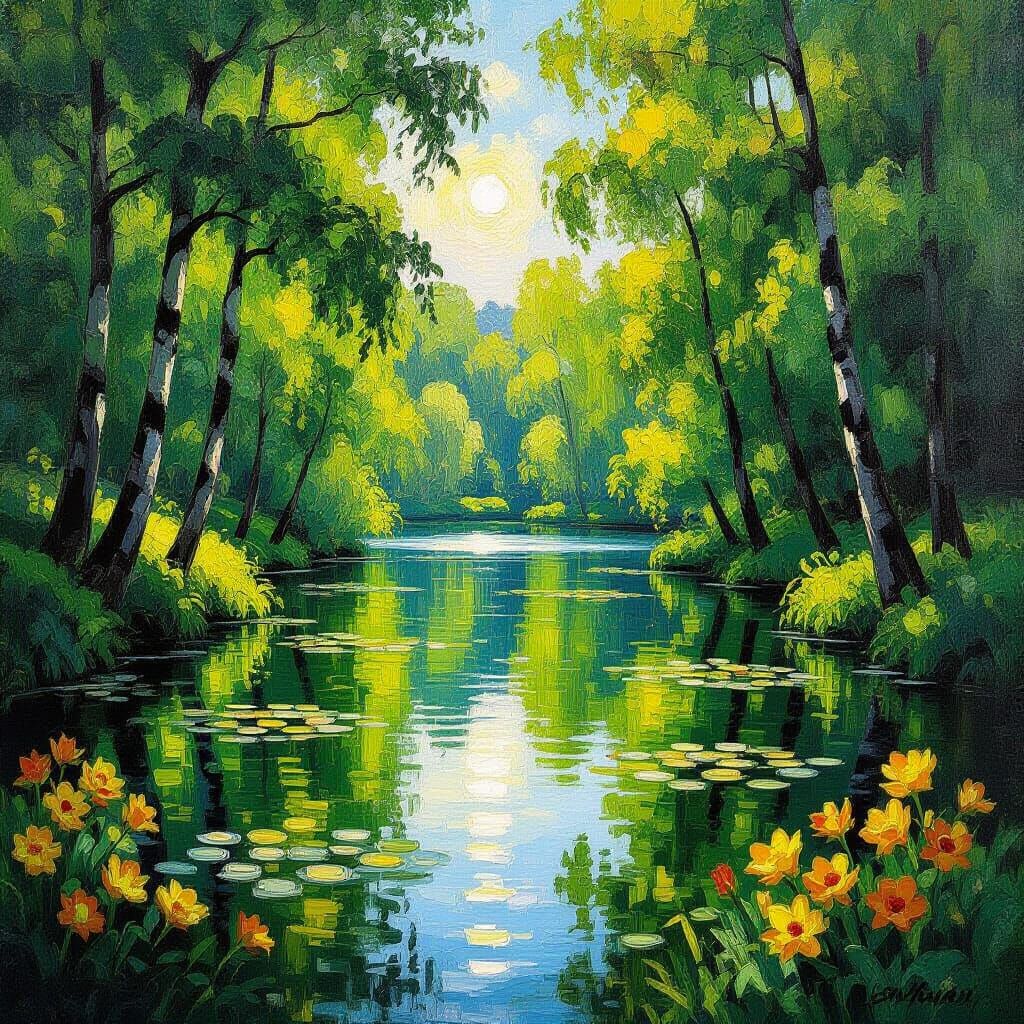 Impressionistic Forest Lake Scene with Vivid Colors