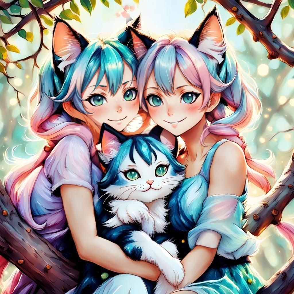Anime Style Catgirl Family Digital Art