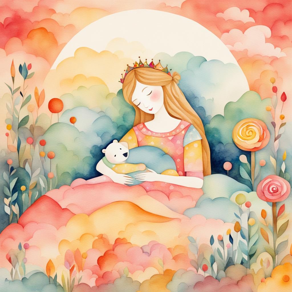 Whimsical Princess Asleep in Watercolor Papercut Style