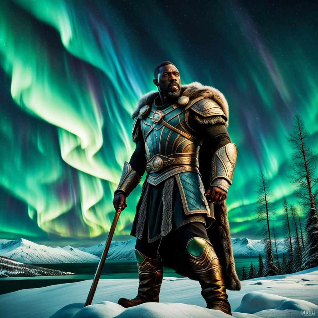 Heimdall Stares at Aurora Borealis: Hyperrealistic HDR