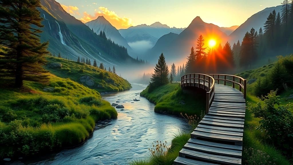 Misty Sunrise Valley with Snow-Capped Peaks