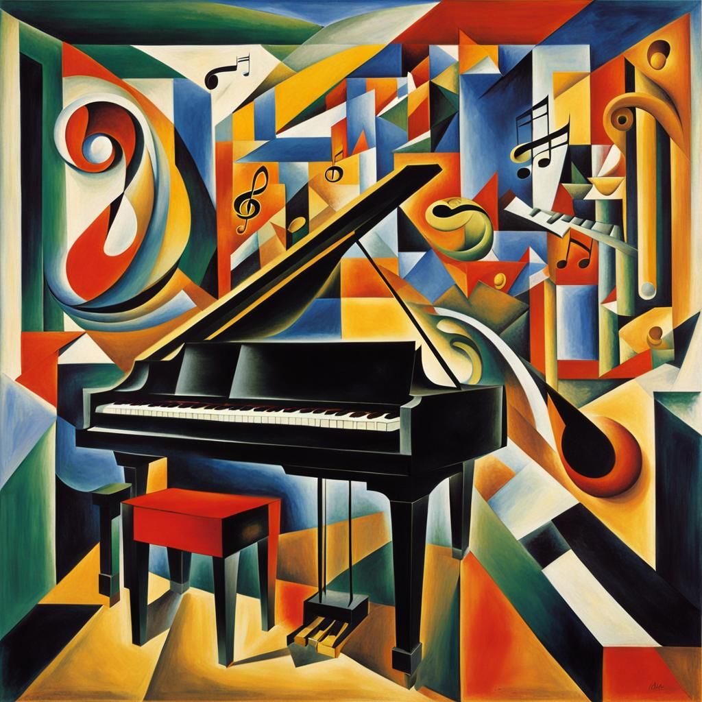 Abstract Cubist Music Room with Floating Notes