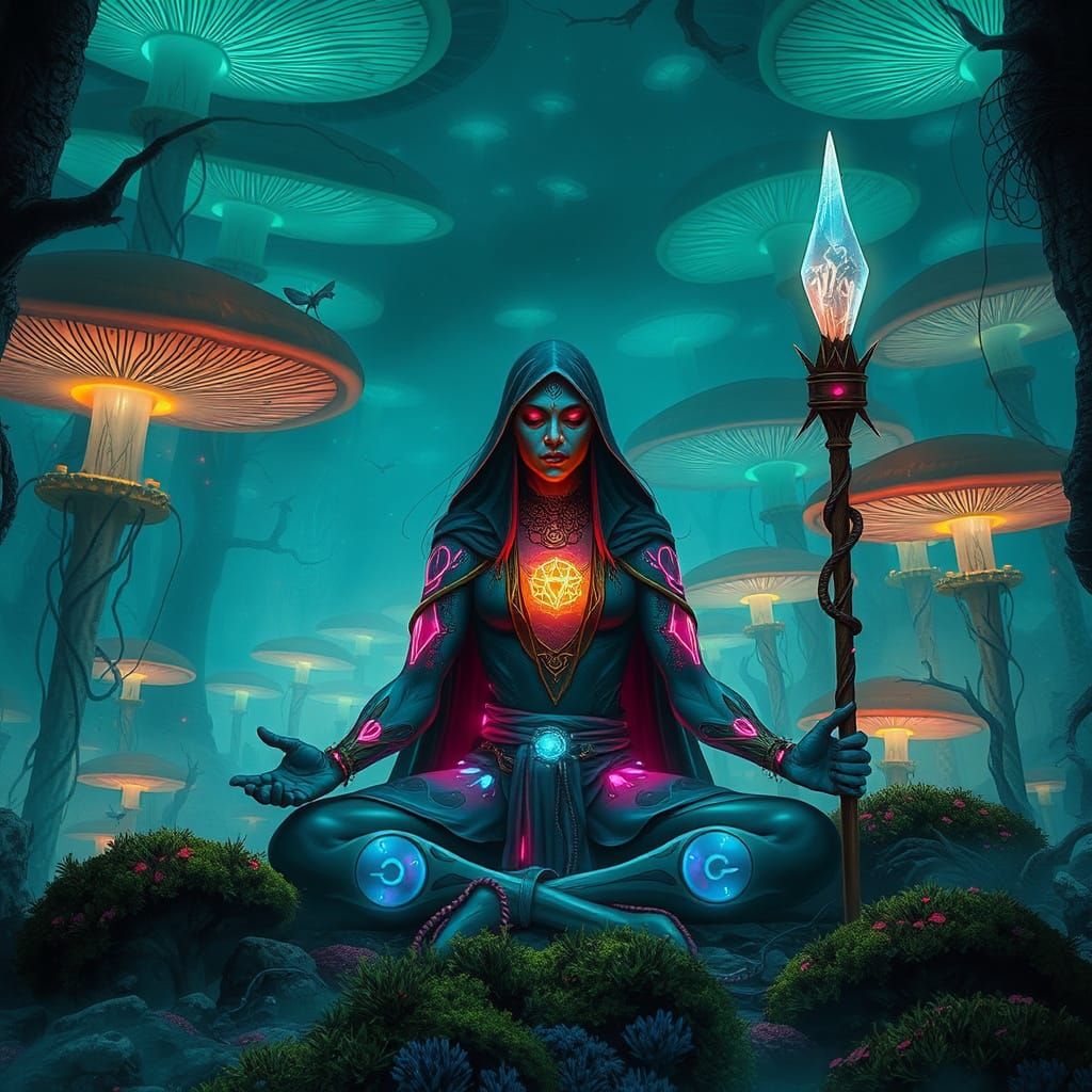 Cyberpunk Druid Meditates Amidst Bioluminescent Mushrooms