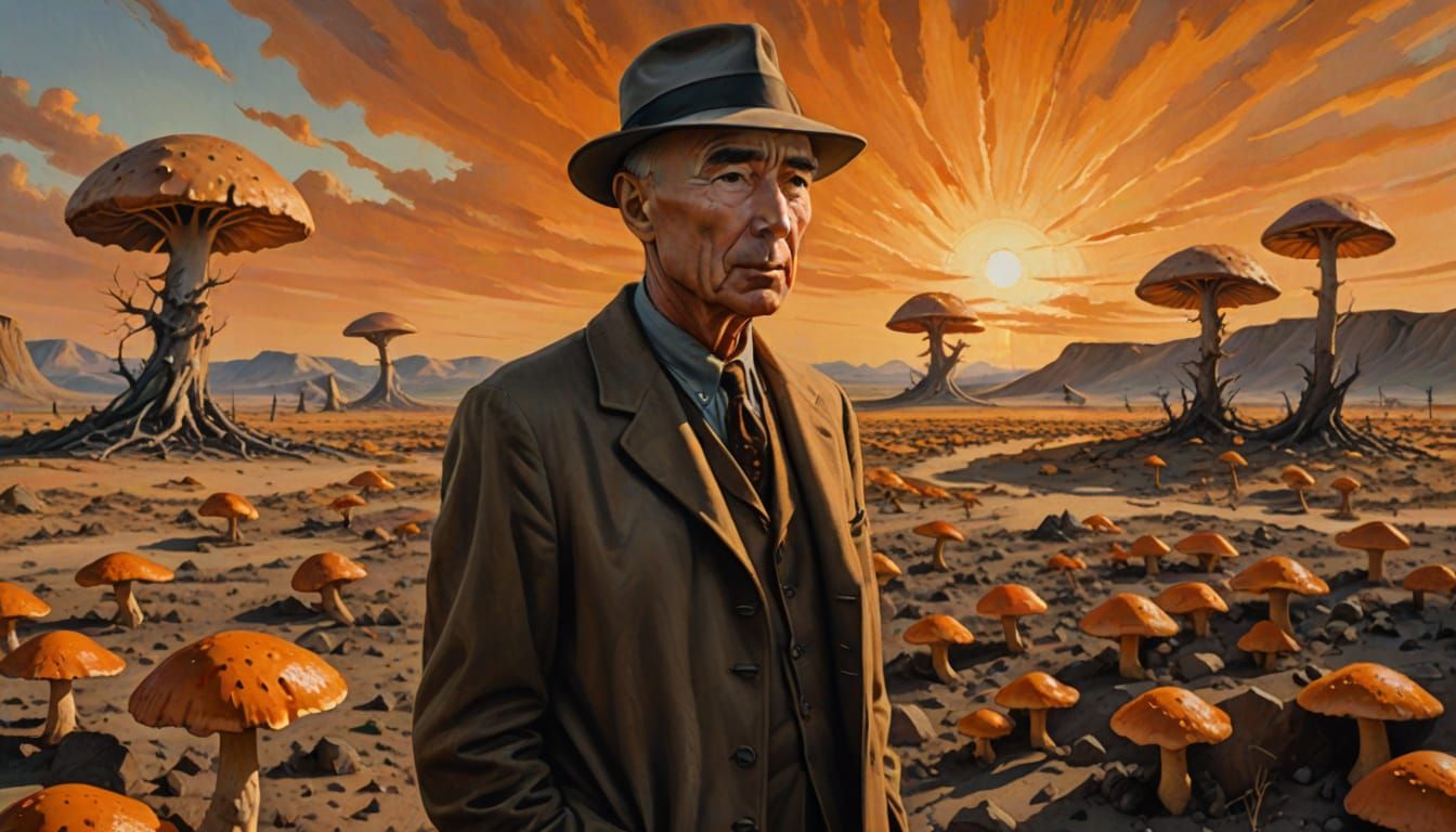 Oppenheimer in Desolate Landscape: A Surreal Oil Painting