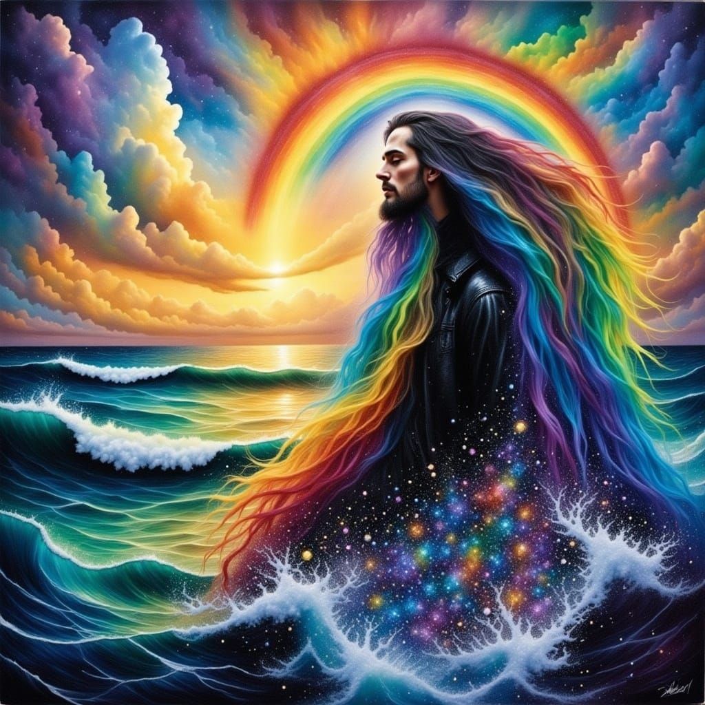 Rainbow Man Portrait in Watercolor Alcohol Ink