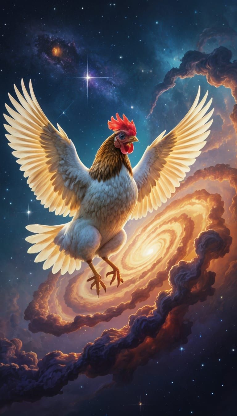 Cosmic Chicken Soaring Through Galaxy in Glitch Art
