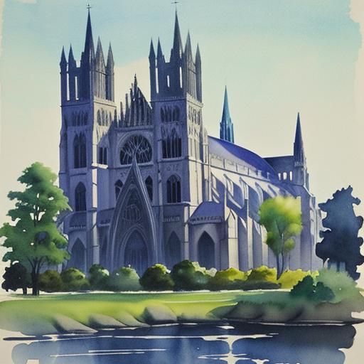 Watercolours ruined cathedral , Baginsky style