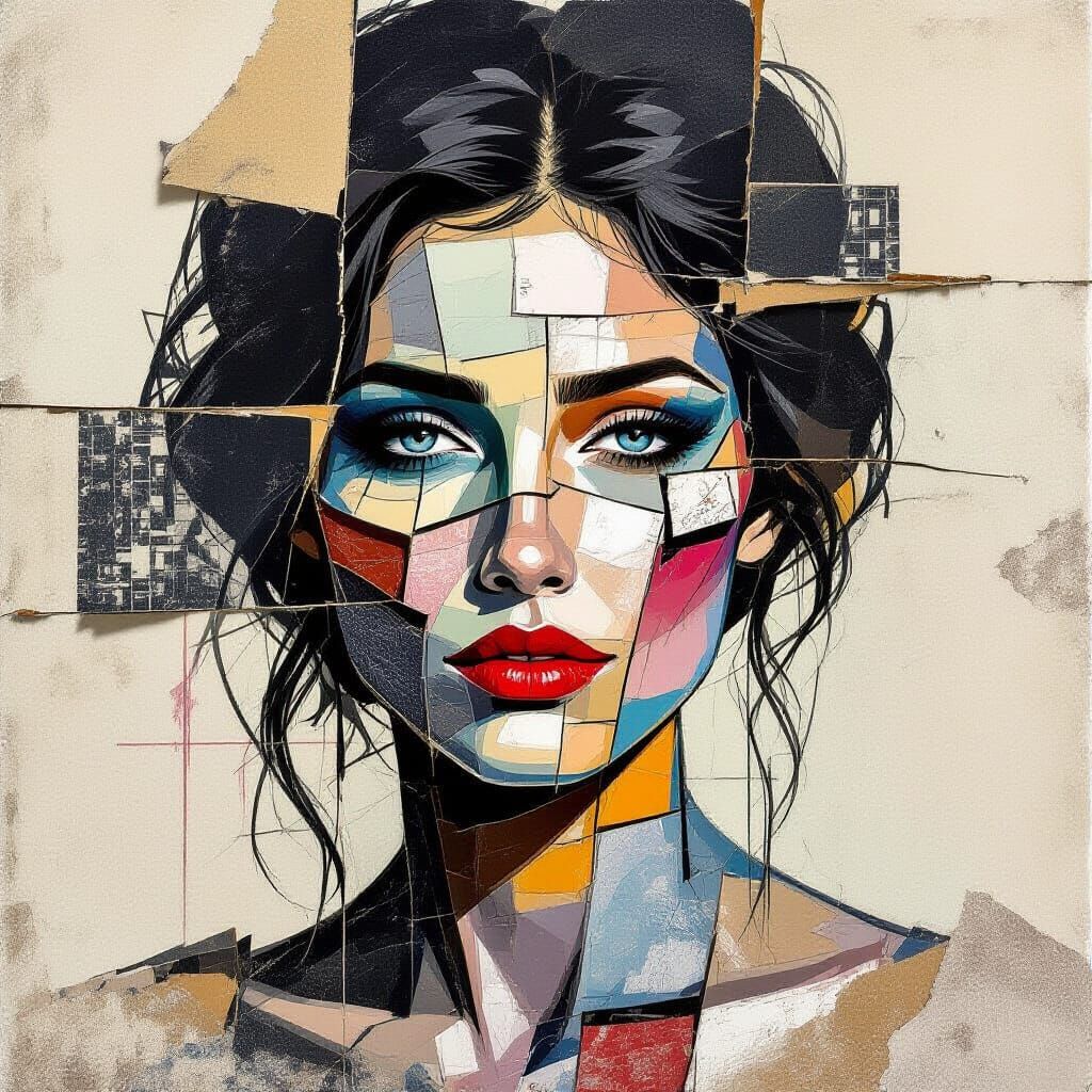 Fractured Woman's Portrait with Layered Textures