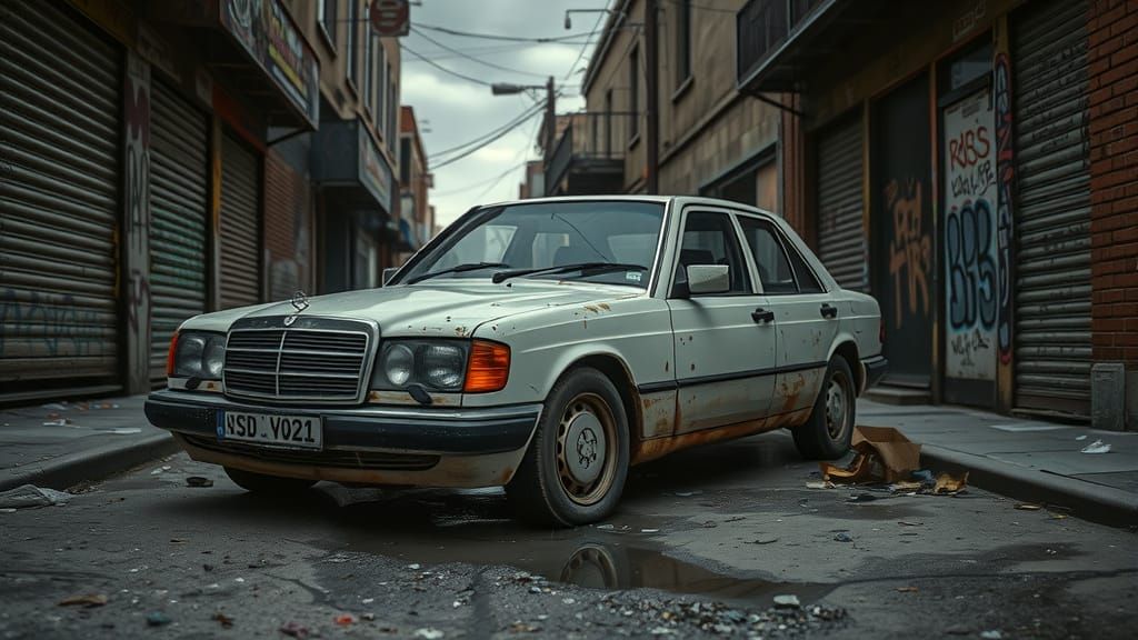Neglected Mercedes-Benz in a Gritty Urban Landscape
