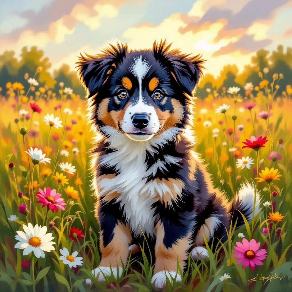 Fluffy Wolf-Aussie Puppy in Wildflower Field Oil Painting