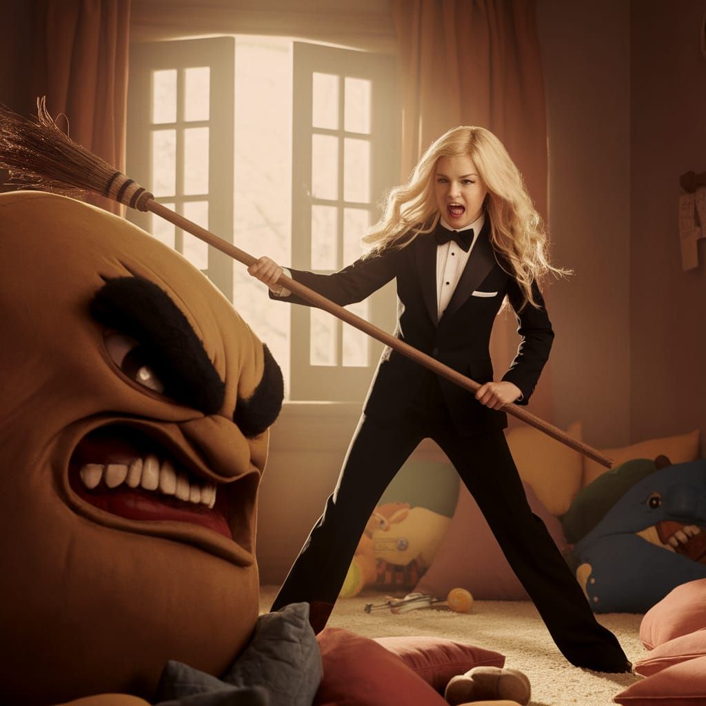 Girl Battles Evil Pillow in Cozy Bedroom