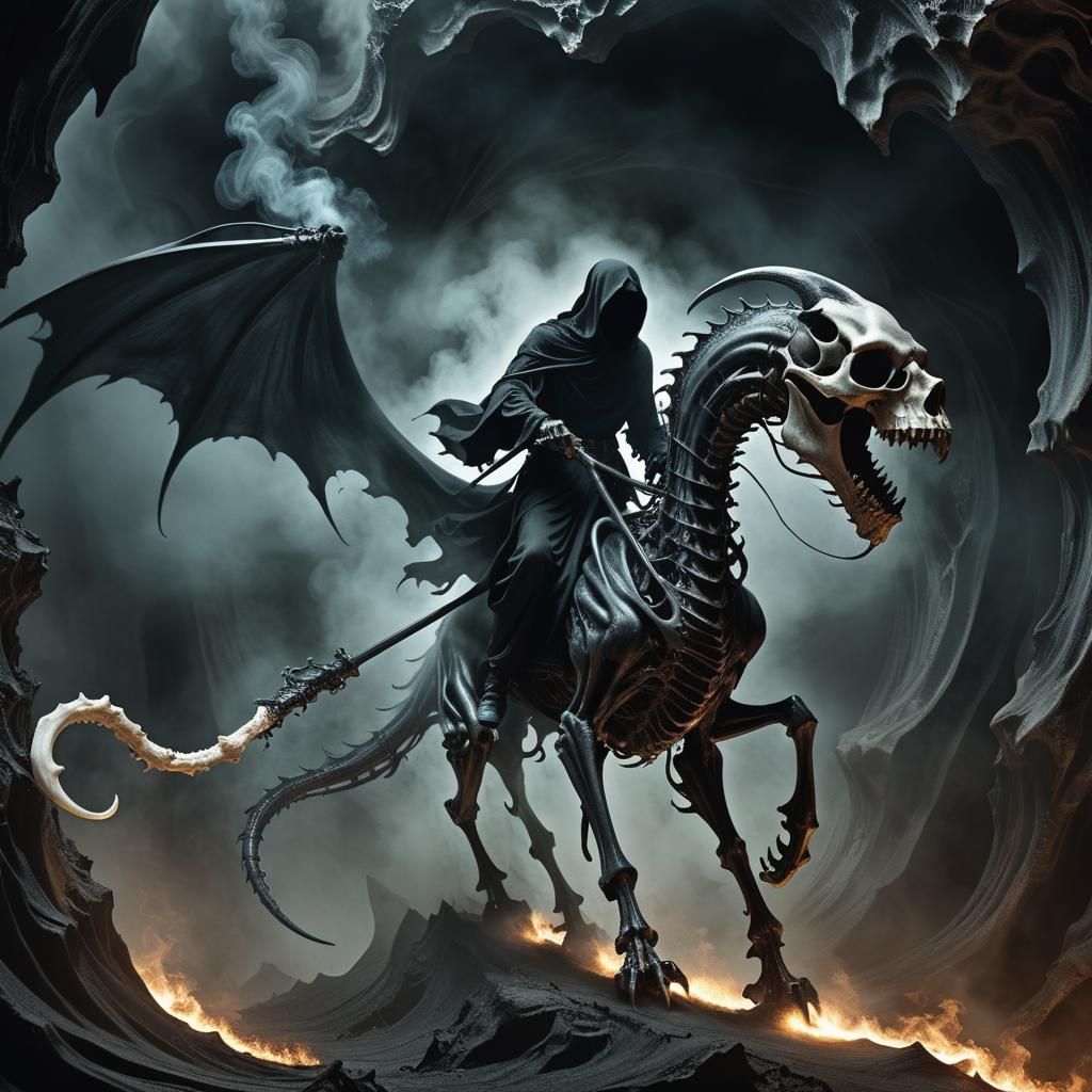 Grim Reaper Rides Dragon in Surreal Cavern
