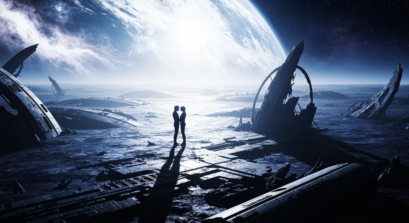 Lovers Embrace on Alien Planet Cinematic Noir Scene