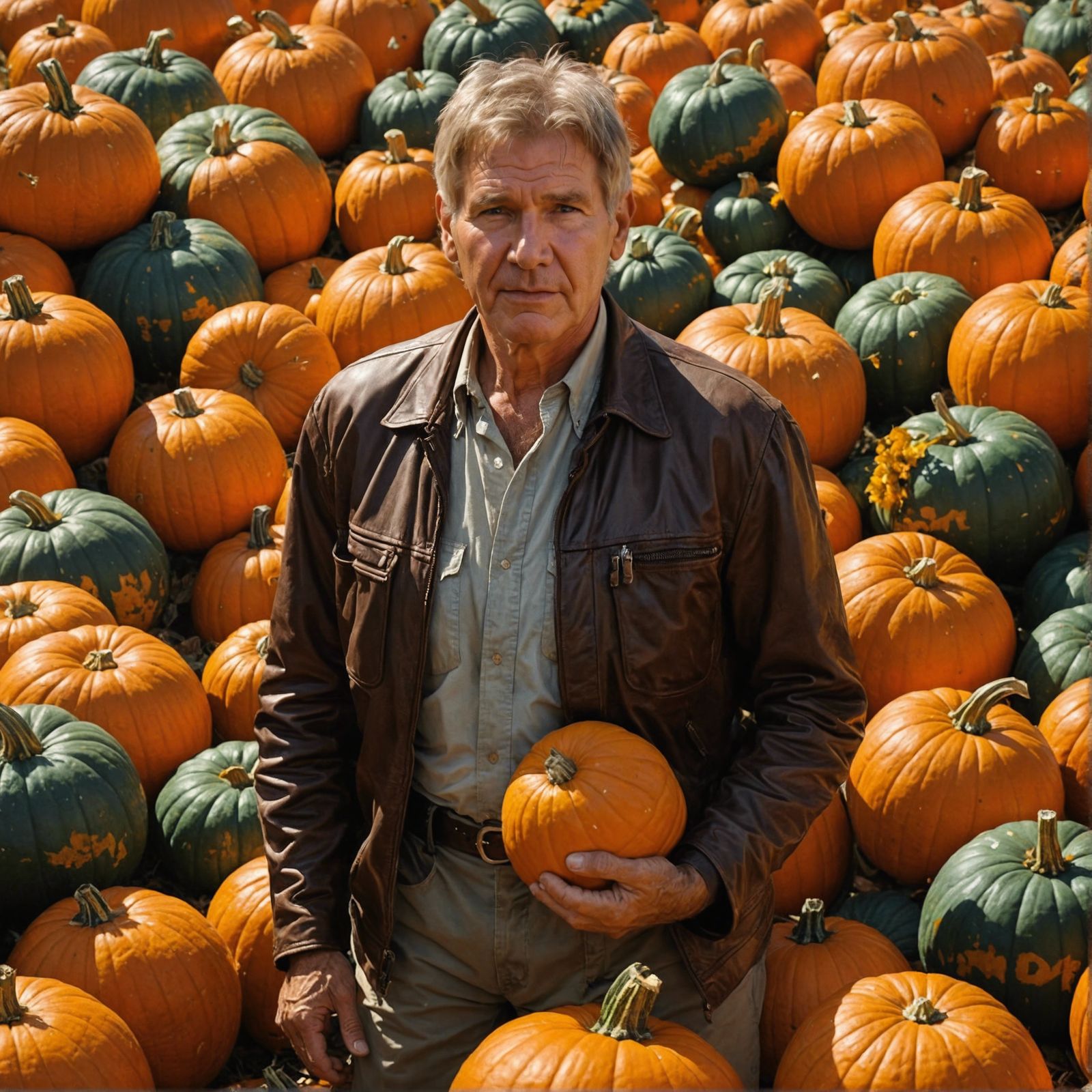 Harrison Ford Surrounded by Pumpkins in Pin-Up Style