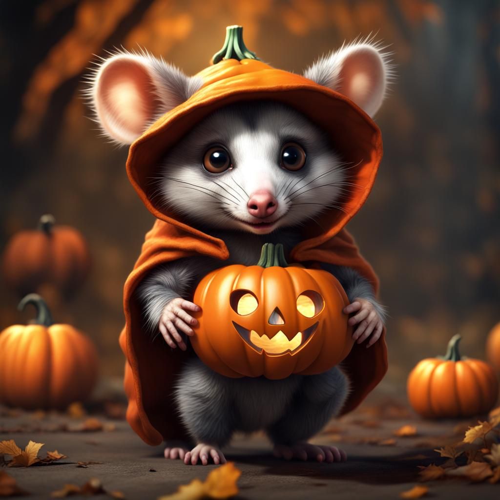 Cute Opossum in Pumpkin Costume: Halloween Art