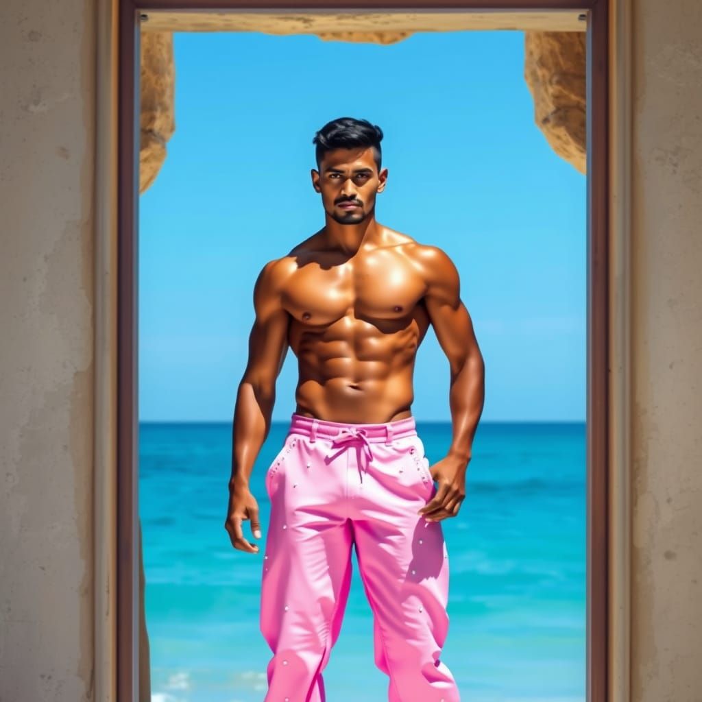 Muscular Man in Pink Shorts, Digital Art