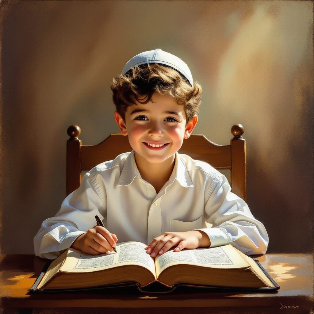 Joyful Jewish Boy Studies Torah in Warm Light