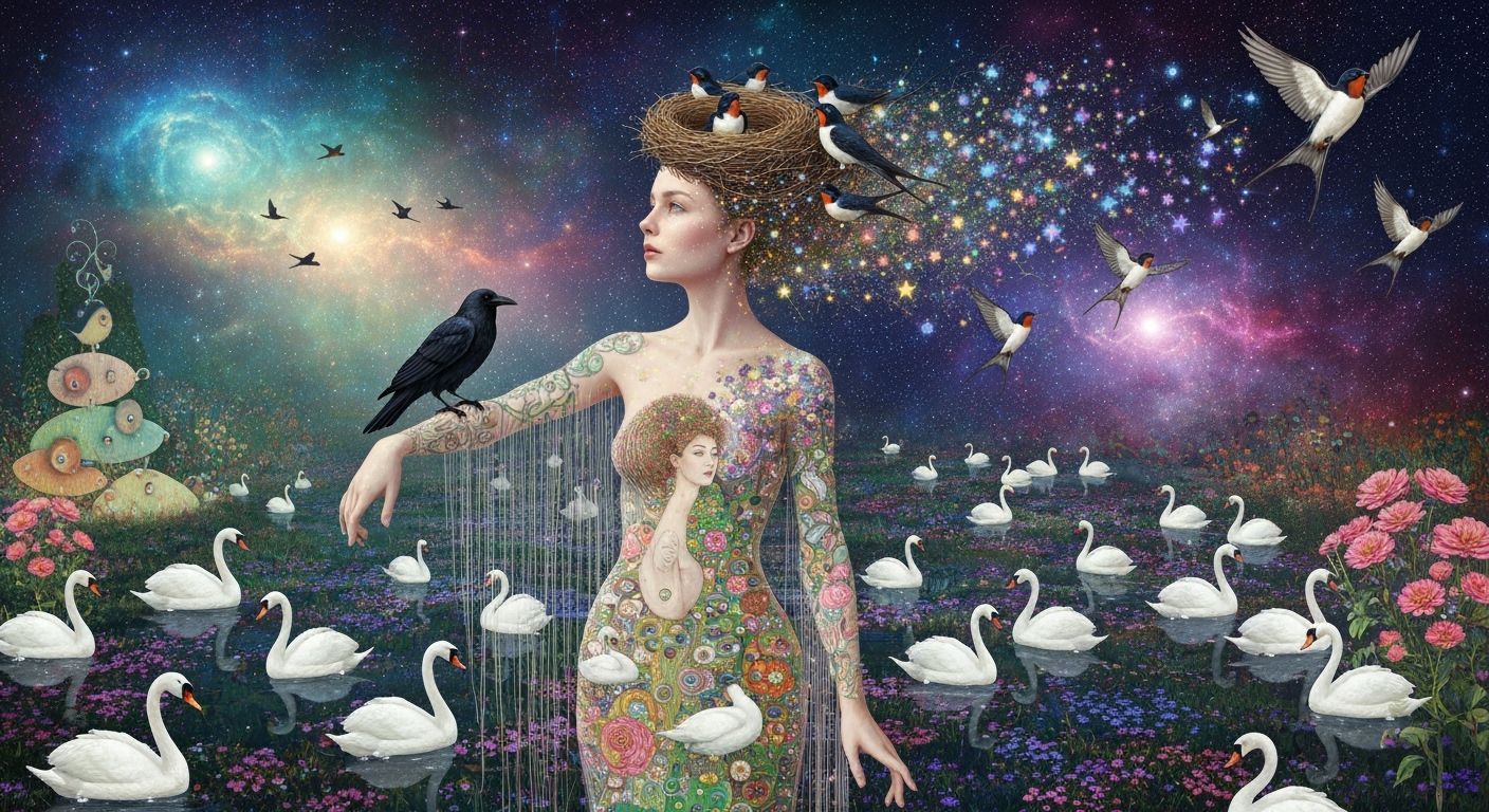 Ethereal Woman Transforms into Birds Amidst Cosmic Energy