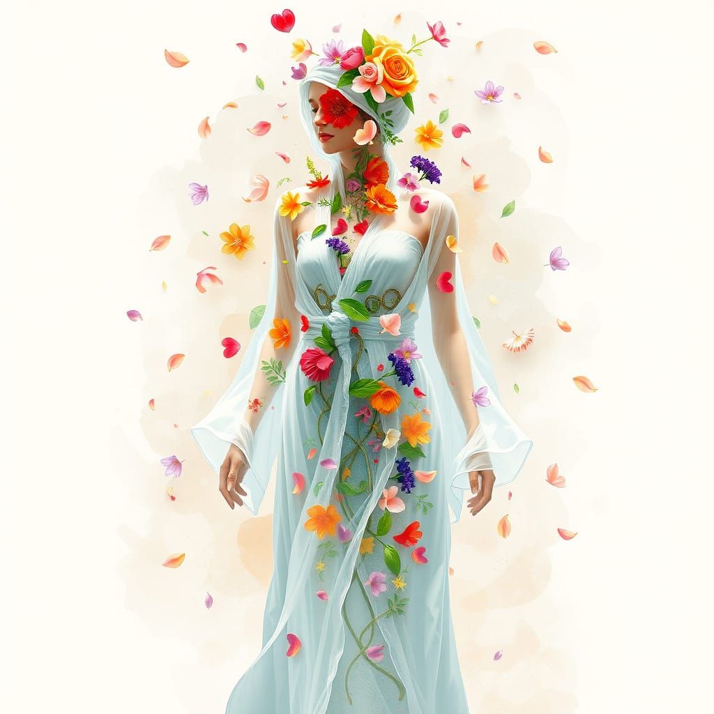 Floral Figure in Style of Digital Art and Watercolor