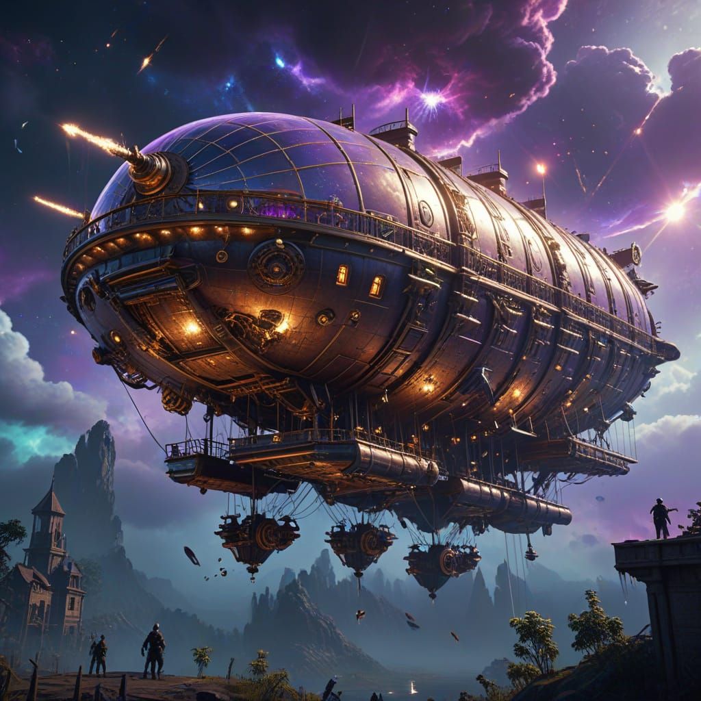 Steampunk Airship Navigates Cosmic Nebula in Epic 3D Art