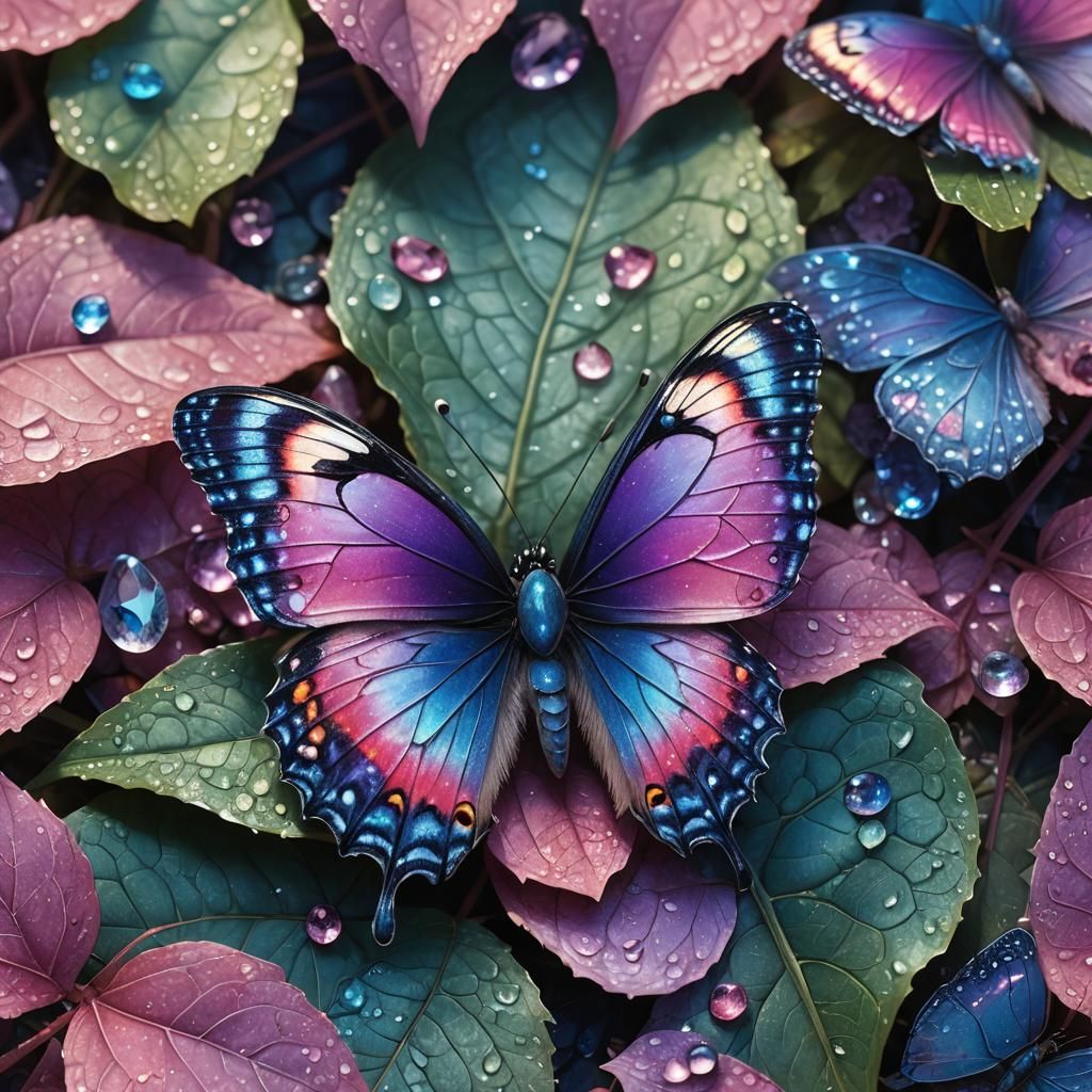 Crystal Wing Butterfly on Dewy Leaf: Fantasy Art