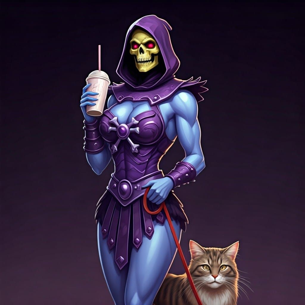 Female Skeletor Walks Cat and Drinks Smoothie