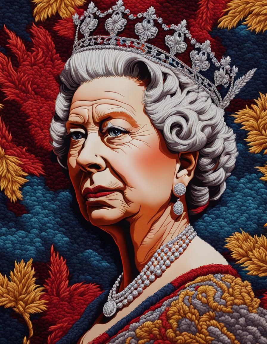 Embroidered Tapestry of Queen Elizabeth in Hyperrealism