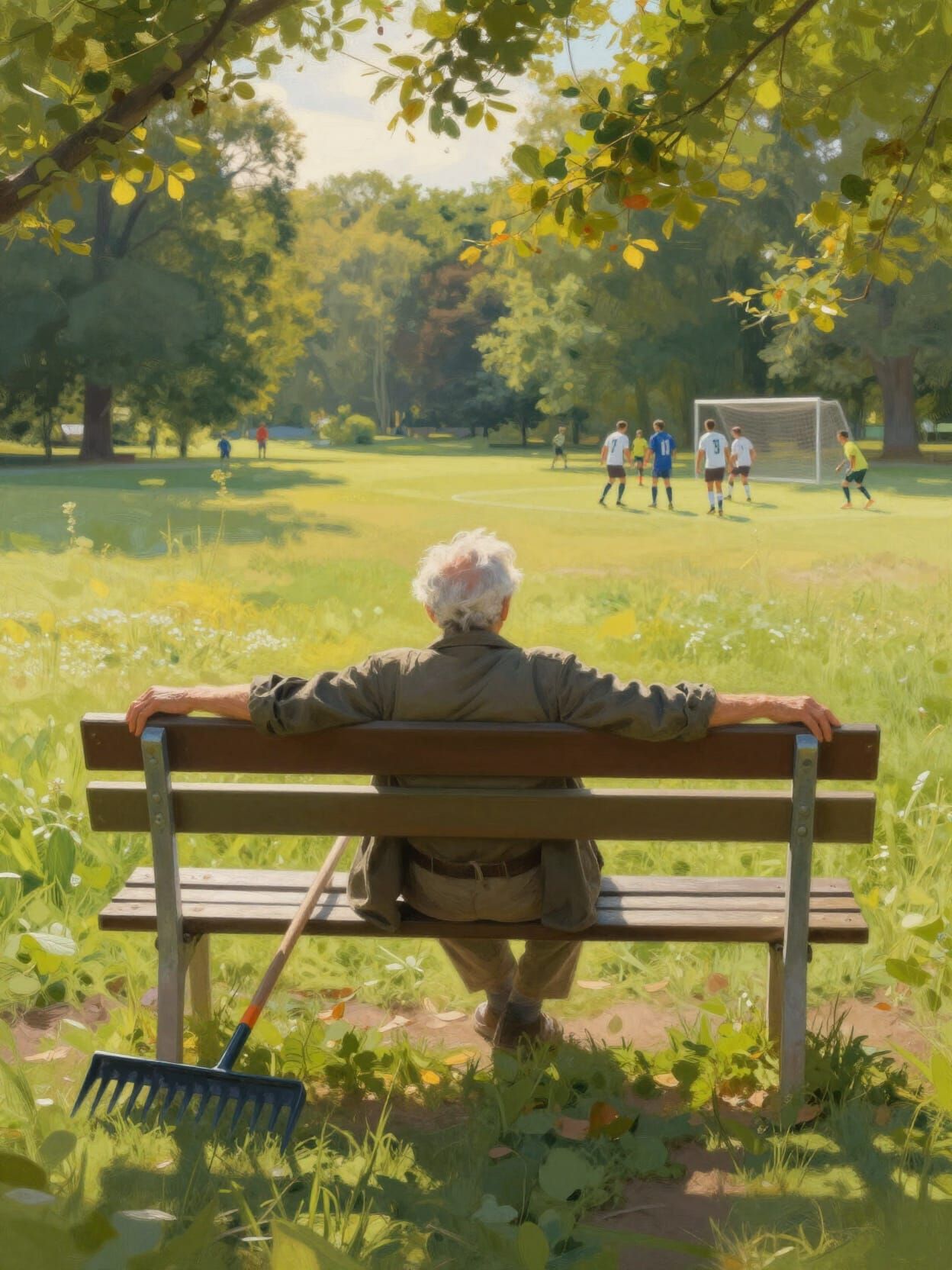 Gardener's Rest: Lush Park Landscape in Ethereal Acrylic Sty...