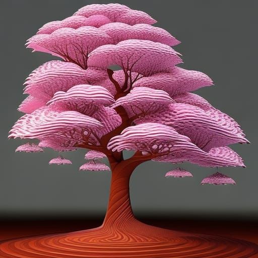 Pink Blossoming Tree with Fractal and Vector Elements