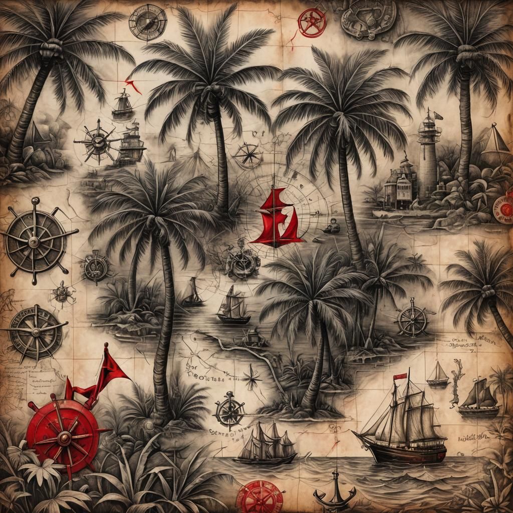 Detailed Charcoal Treasure Map with Red X