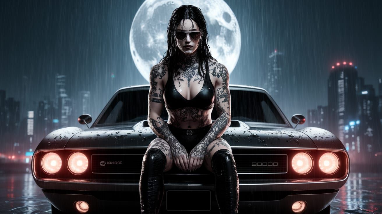 Gothic Cyberpunk Goddess Ignites Nighttime Cityscape