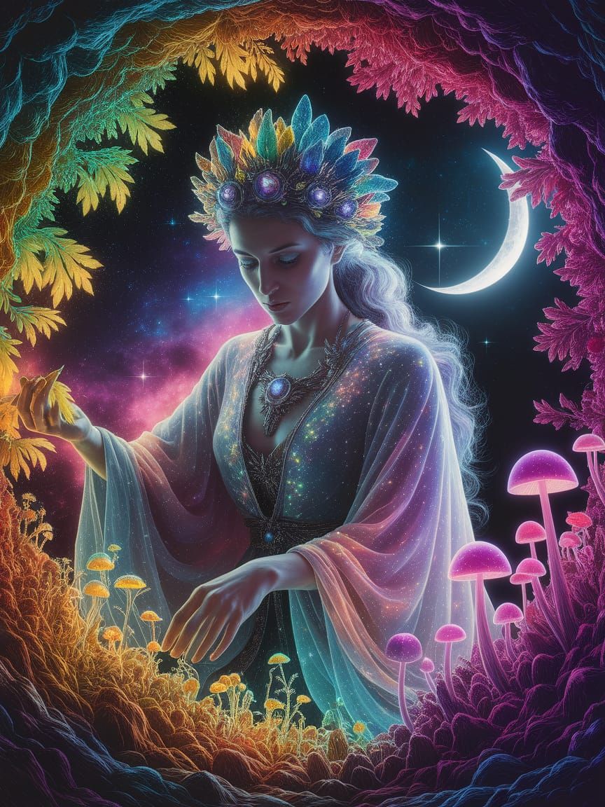 Cosmic Herbalist Tending Nebula Garden in Vibrant Digital Ar...
