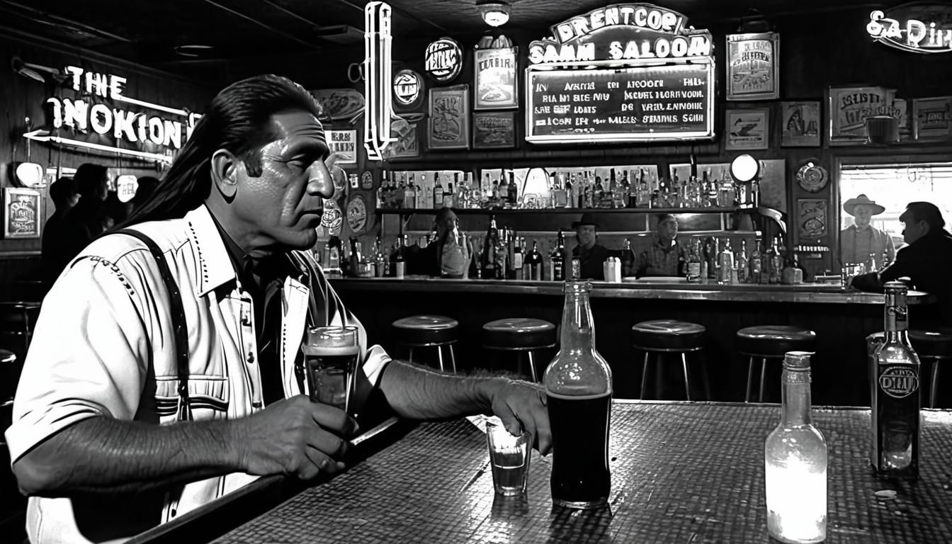 Native American Figure in Neon Lit Saloon