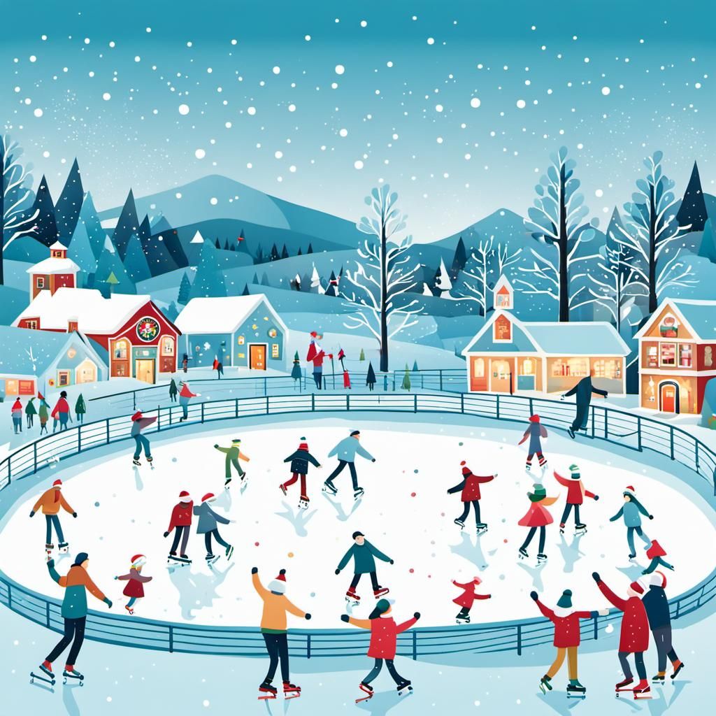 Festive Ice Skating Scene in Whimsical Watercolor Style