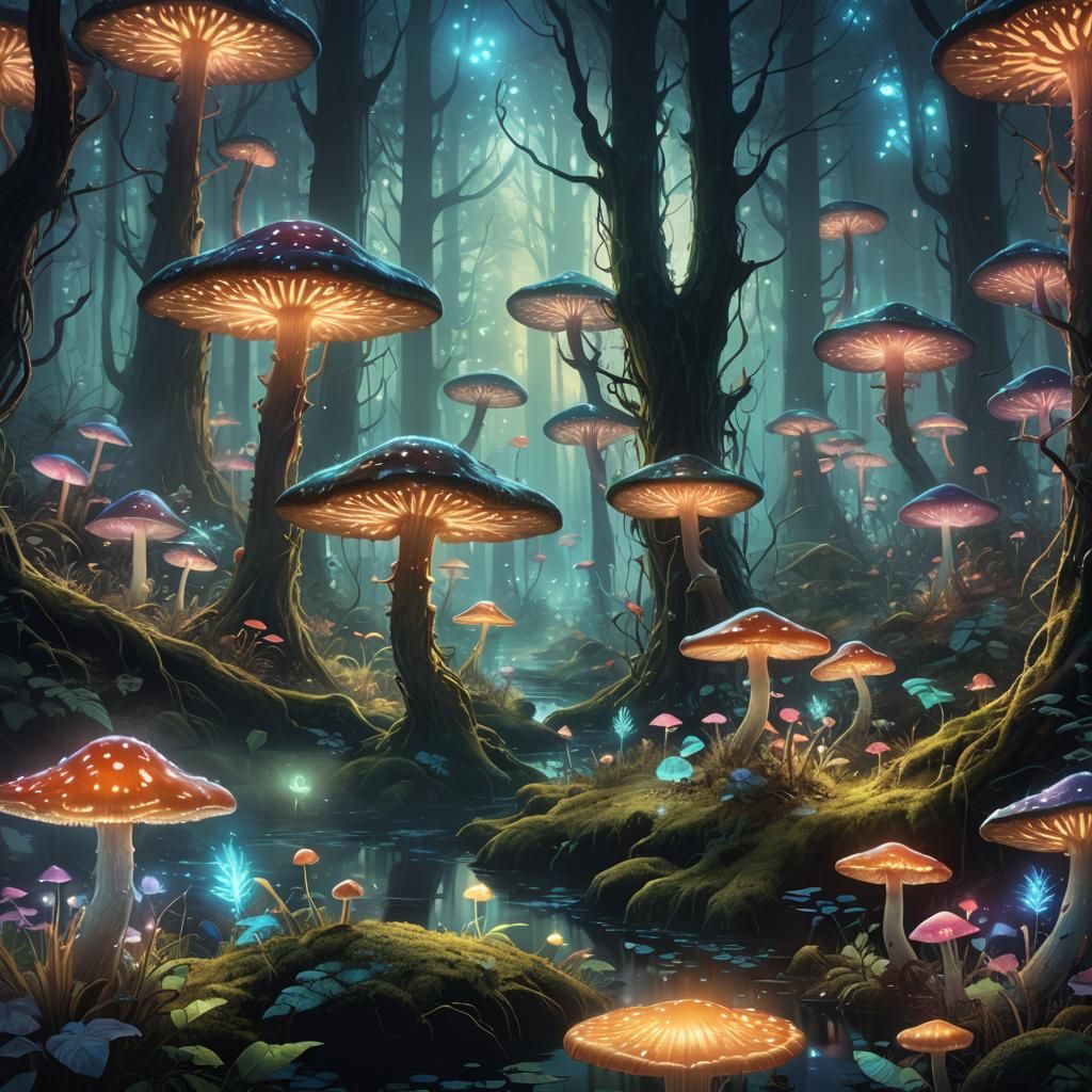 Glowing Iridescent Creatures in Bioluminescent Forest Concep...