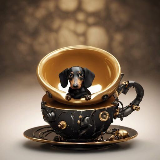 Black French Wiener dog sitting in a teacup