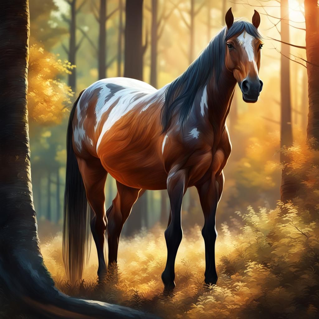 Horse in Sunny Woods: Hyperrealistic Concept Art