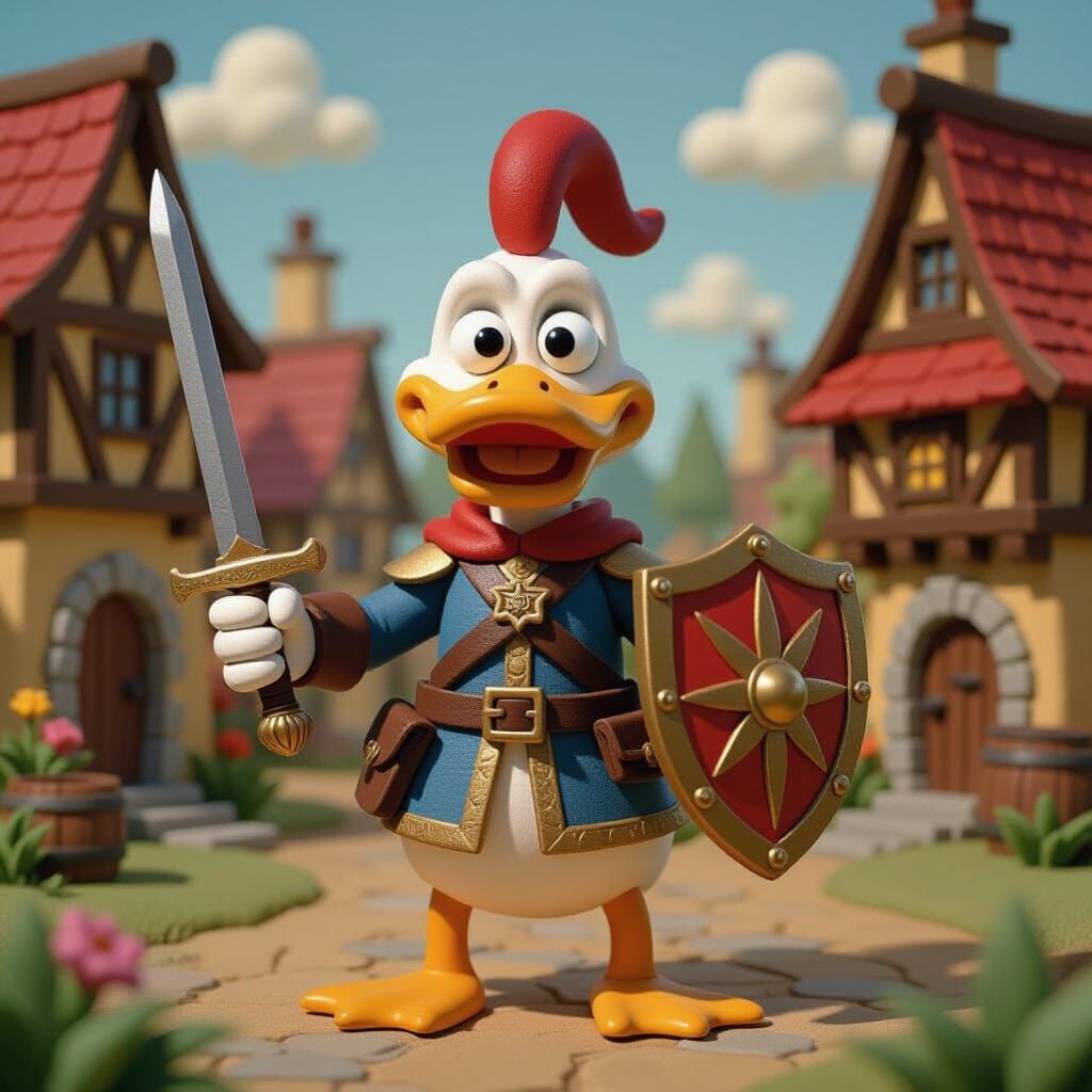Claymation Duck Cavalier in Medieval Village