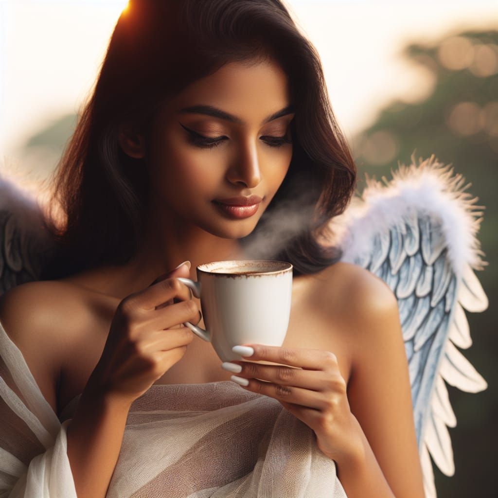 Serene Angelic Morning Coffee Scene in Elegant Wings Style