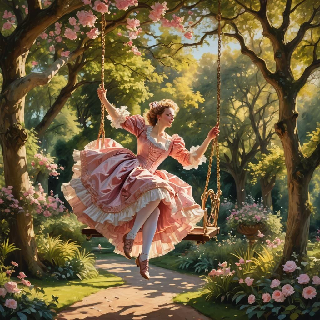 Young Woman Swings in a Lush Rococo Garden