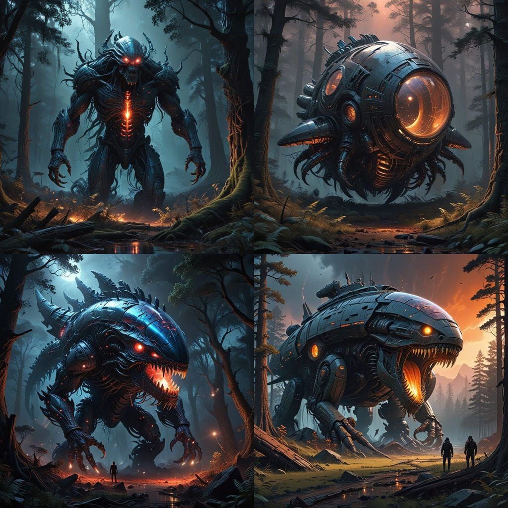 Gigantic Monster Battles Tree in Dark Forest with Colossal S...