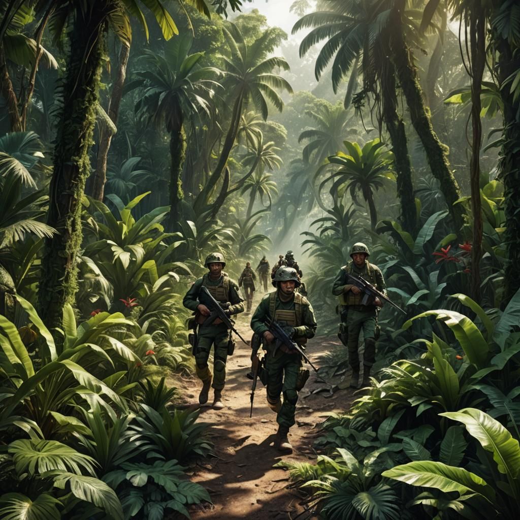 Camouflaged Soldiers in Dense Rainforest, Matte Painting