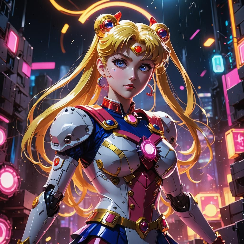 Surreal Anime: Mechanical Sailor Moon in Mystical Setting