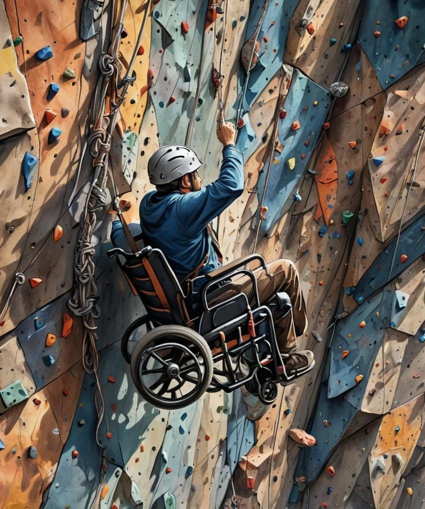 Man in Wheelchair Repelling in Ink and Watercolor