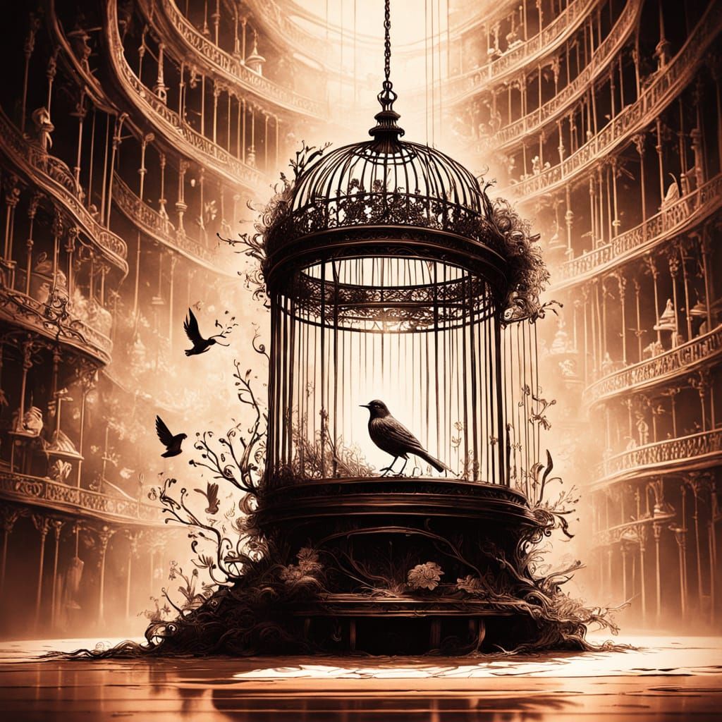Surreal Bird Cage on Stage, Ethereal Ink Dreams