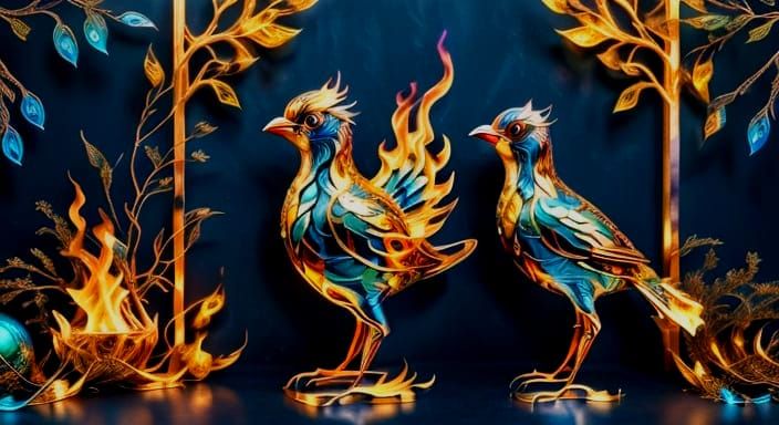 Cyberpunk Fantasy Metal Sculpture with Flaming Birds