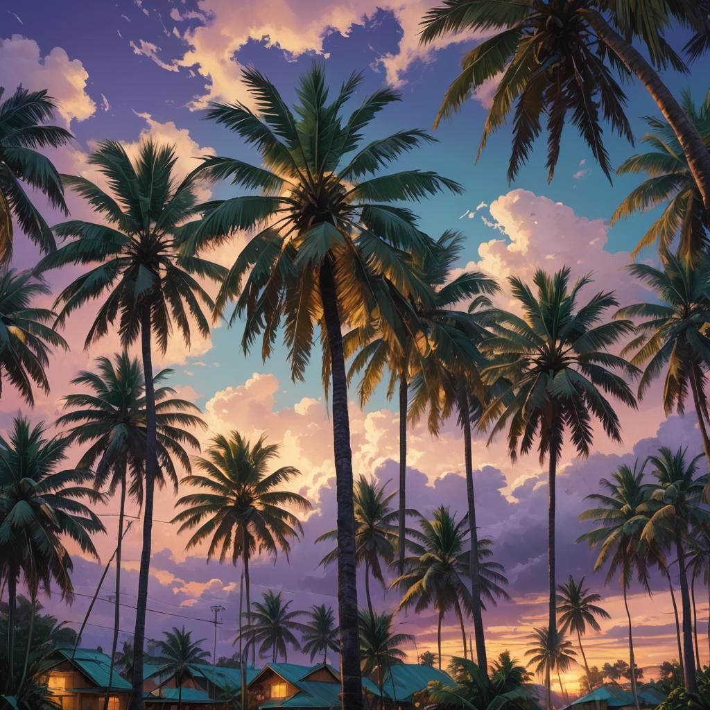 Palm Tree Village with Triadic Colors, Volumetric Lighting