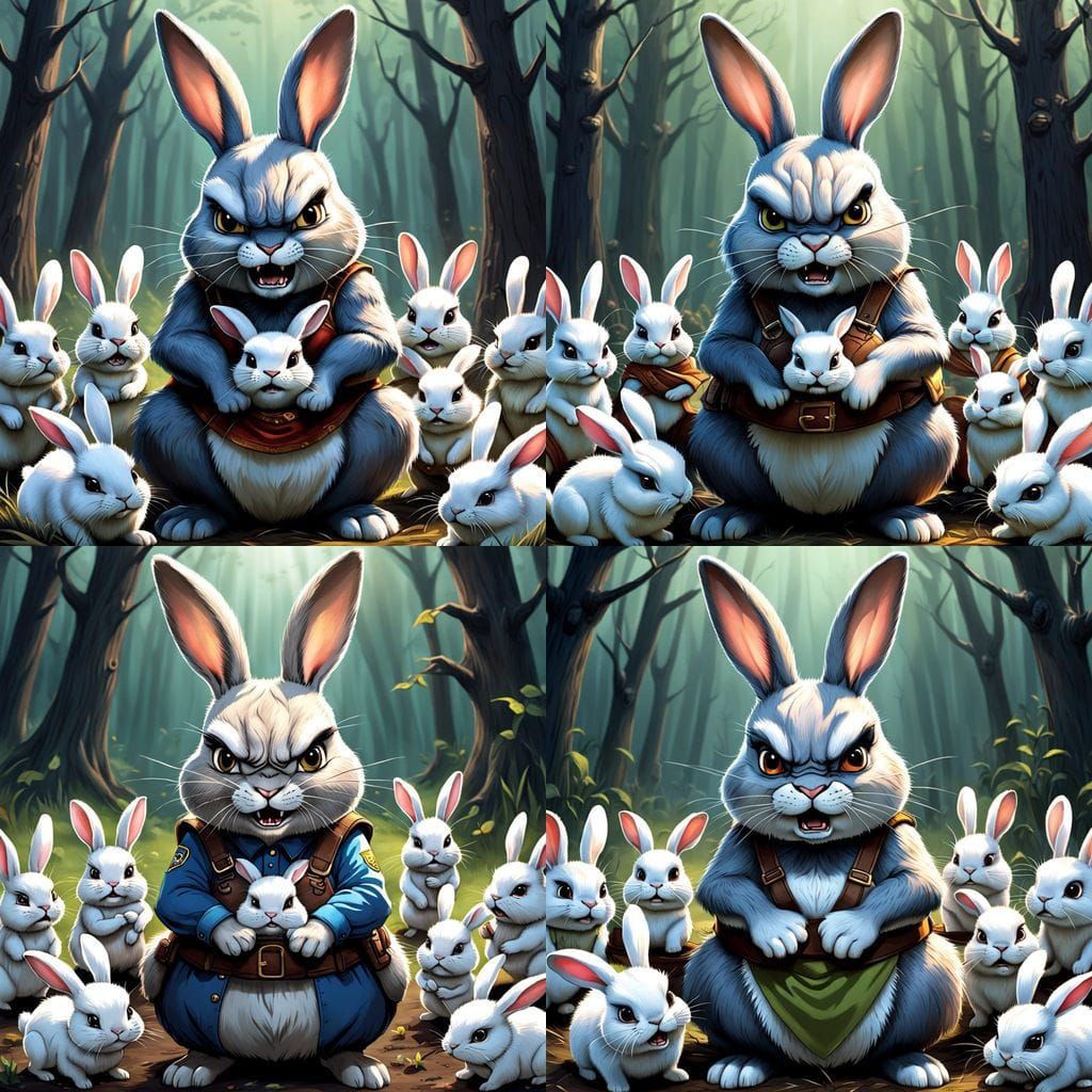 Anthropomorphic Cartoon: Angry Mommy Bunny Protects Babies