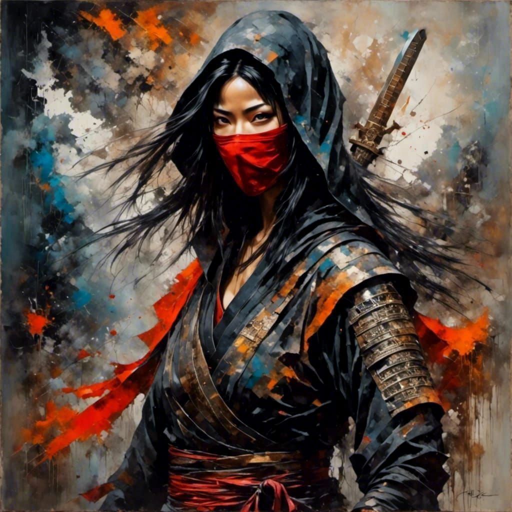 Asian Android with Sword in Surreal Mixed Media