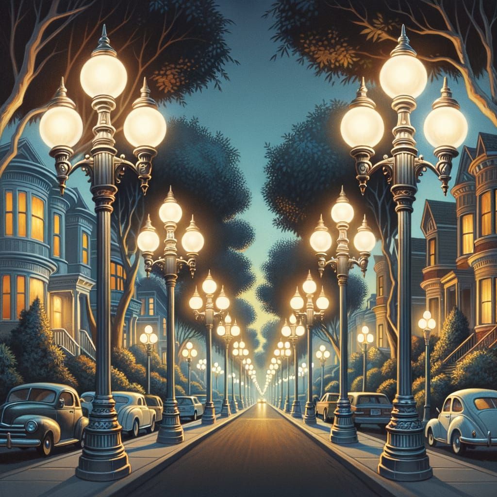 1950s Residential Street at Night in Oil Painting